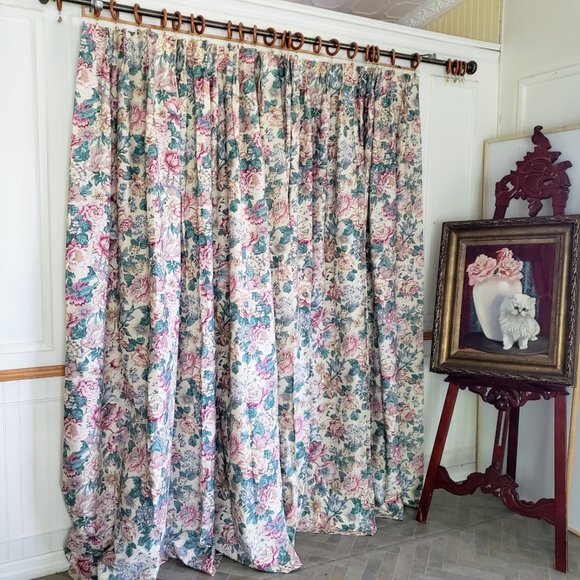 JC Penney 96Wx83L Vtg Drapes Pinch Pleat Lined Cotton Blend Floral USA - Picture 1 of 10